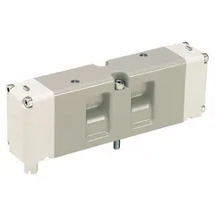 Four-way, three-position solenoid air control valve with closed center, double solenoid actuation, and solenoid return. Operates on 120V AC with internal pilot. Meets 15407-2 specification. Used to direct compressed air in industrial automation, packaging, and material handling systems for precise cylinder and actuator positioning.