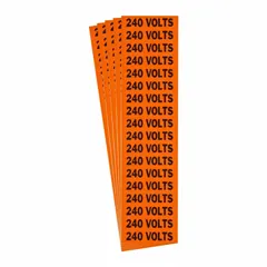 Self-stick vinyl label for identifying 240-volt circuits on conduit or electrical panels. C-style label measures 2 1/4 in wide by 1/2 in high with legend '240 Volts'. Supplied as a 5-pack for marking multiple locations.