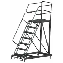 This rolling single-access platform features a 36 in x 36 in steel platform with a fixed height and an 800 lb load capacity. It includes handrails and a foot-activated step lock for secure positioning. Suitable for maintenance, assembly, and warehousing tasks requiring elevated access.