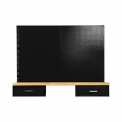 This steel pegboard panel features a powder-coated black finish and 1/4 in round peg holes. It measures 45 in x 24 in x 1 in. Commonly used in workshops, garages, and industrial storage areas for organizing tools and equipment with standard hooks and accessories.