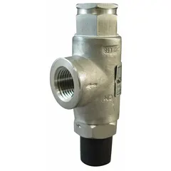 This pressure relief valve is designed for non-code applications involving air, inert gas, and liquids. It features 1/2 in FNPT x 1/2 in MNPT connections, a stainless steel body, and operates within a temperature range of -60°F to 406°F. The valve automatically opens at a set pressure to relieve excess fluid and reseats to prevent system damage.