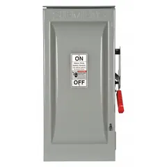 Non-fusible safety switch rated 100 A, single phase, 600V AC. Galvanized steel enclosure suitable for indoor or outdoor use. Provides a means to disconnect electrical power for maintenance or emergency shutdown in industrial and commercial applications.