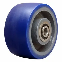 This wheel features a polyurethane tread on a cast iron core with an Ergo-Glide tread shape. The blue wheel is 6 inches in diameter and 3 inches wide, with a load rating of 1,800 lb. It is suitable for heavy-duty material handling applications such as industrial carts and platform trucks.