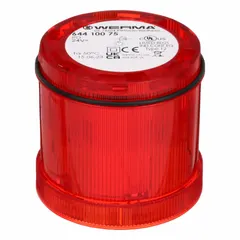 Steady light module with red lens for continuous visual indication. Operates on 24V DC. Overall diameter 70 mm, height 66 mm. Compatible with KombiSIGN 71 series tower light systems. Used in industrial signaling for machine status or process alerts.