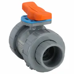 This 2-inch CPVC straight ball valve features a locking tee handle for secure on/off flow control. Rated for 250 psi CWP, it is suitable for industrial piping systems handling corrosive fluids, such as in chemical processing, water treatment, and plating lines. The straight body design minimizes pressure drop.