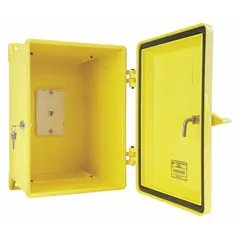 Yellow plastic weatherproof phone enclosure rated NEMA 4X, corrosion resistant, with modular jack and key lock. Designed for pole mounting and use with wall telephones in outdoor or harsh environments.