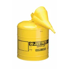 This JUSTRITE Type I safety can is designed for dispensing diesel fuel. It has a 5-gallon capacity and is yellow. The can includes a funnel and features a single opening with a self-closing cap and flame arrester for safe handling.