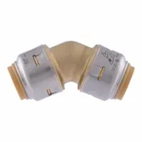Standard brass push-to-connect tube fitting, 45° elbow configuration, with 5/8 in OD x 5/8 in OD size. Used to change direction in tubing systems for plumbing, HVAC, or industrial fluid lines. Push-fit design enables fast, tool-free installation