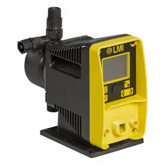 Compact solenoid-driven diaphragm metering pump with PVC head and PTFE diaphragm. Operates on 115/230V AC with ±3.0% reproducibility. Features ceramic check ball, PTFE/Polyprel seal, PVC fittings, and tank level input control. Suitable for precise chemical dosing in water treatment and industrial processing.