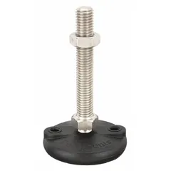 Swivel male leveling mount with 5/8"-11 thread size, 4 in type, and 6,000 lb load capacity. Features a plain finish, round base shape, 7/8 in hex size, and includes a locking nut. Used for leveling and stabilizing heavy machinery, conveyors, and equipment on uneven floors.
