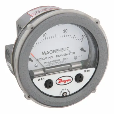 Dwyer Indicating Transmitter: Dial, 0 in wc to 30 in wc, Terminal Block, 5 in Dia - Differential Pressure Transmitters with Dial Display