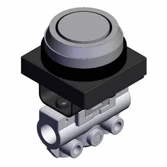 3-port manual air control valve with flush button actuator and side-ported body. BSPP 1/8 in connections. Used in pneumatic systems for directing airflow in panel-mount applications.