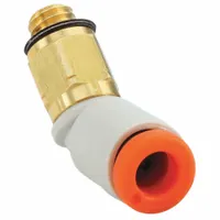 Push-to-connect elbow fitting with #10-32 male UNF thread, designed for 1/4 in OD polybutylene or brass tubing. White brass body. Commonly used in pneumatic control systems, automation equipment, and instrumentation lines for leak-free air or fluid transfer