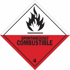 BRADY DOT container label for Class 4 flammable solids, measuring 4 in x 4 in. The label displays a 'Spontaneously Combustible' message and is used to identify containers holding spontaneously combustible materials in industrial environments.