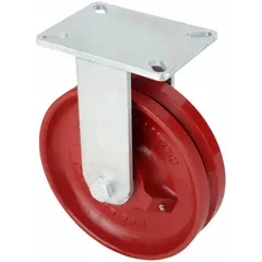 Rigid plate caster with a 10 in diameter steel V-groove wheel, 2 1/2 in wheel width, and 12 1/2 in mounting height. Features a steel slot-type mounting plate. Designed for use on angle-iron or V-groove track systems in heavy-duty material handling applications such as overhead cranes, kiln cars, and foundry equipment.