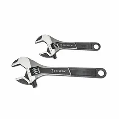 General purpose adjustable wrench set made from alloy steel with a black phosphate finish. Includes wrenches with jaw capacities of 1 1/2 in and 1 1/8 in. Used for tightening or loosening nuts, bolts, and fittings in maintenance, plumbing, and mechanical work.