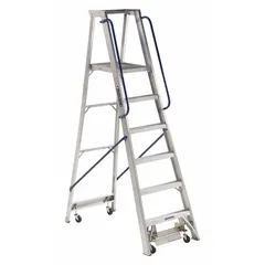 This 6 ft aluminum platform stepladder has a 300 lb load capacity and weighs 56 lb. It includes casters for rolling mobility, allowing users to move the ladder without dismounting. Suitable for industrial maintenance, warehousing, and construction tasks requiring elevated access.