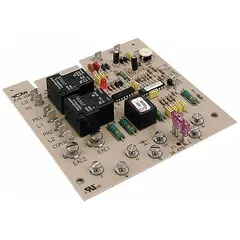 OEM replacement integrated furnace control for managing circulating fans. Operates on 18 to 30V AC input with 24V AC output. Compatible with Carrier and Robertshaw systems. Used in residential and light commercial HVAC applications.