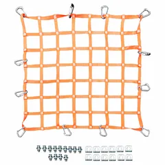 Perimeter netting for worker fall protection in hatch openings. Orange rectangular net, 5 ft length, complies with OSHA 1910.144. Used to secure openings on industrial worksites, preventing falls while allowing visibility through the mesh.