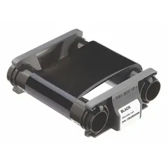 Black ribbon for ID card printers, delivering 500 monochrome prints per roll. Overall dimensions: 8 in height, 2 1/2 in width. Suitable for printing black text and images on plastic cards for identification and access control applications.