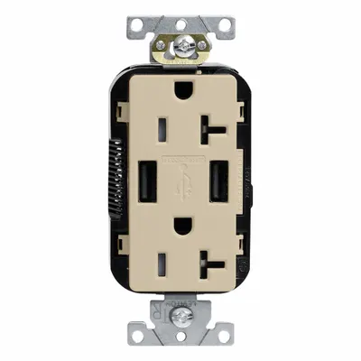 LEVITON Receptacle: Duplex, 5-20R, Ivory, 125V AC - Weather-Resistant Receptacles with USB Chargers