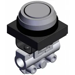 Flush button actuator, side-ported body, 3 ports, 1/8 in BSPT connections. Used in pneumatic systems for hand-operated directional flow control.