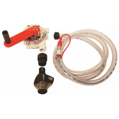 Hand-operated rotary vane pump with polypropylene/stainless steel housing and polyethylene suction tube. Delivers 13 oz per stroke. Includes hose, nozzle, and spout. Used for transferring diesel exhaust fluid from drums or tanks.
