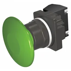 Momentary-action mushroom-head push button with a 30 mm non-metallic profile. Features a 1NO contact configuration and pressure plate terminal connection. Suitable for use as an operator interface element in industrial control panels.
