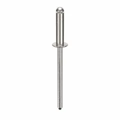 Open-end large flange blind rivet with 0.122" diameter and 1.596" overall length. Body length is 1/2". Suitable for fastening sheet metal, plastics, and composite materials where access is limited to one side. Supplied in a 500-piece pack.