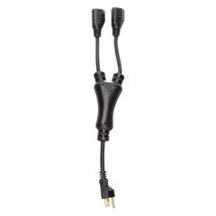 This general-purpose power cord features a wye splitter that allows powering two devices from a single 5-15R outlet. It has a 5-15P plug and two 5-15R receptacles, with an SJT jacket made of PVC for flexibility. The cord is 1 1/4 ft long, suitable for connecting tools or small machines in industrial or commercial settings.