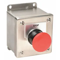 Momentary push-button control station with a red mushroom head operator marked Stop. Features one normally open and one normally closed contact. Suitable for use as an emergency stop or halt actuator in industrial machinery and conveyor systems.