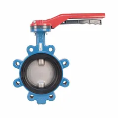 Concentric lug-style butterfly valve with ductile iron body, stainless steel disc, and FKM seat. Rated for 250 psi CWP. Lever handle operated. Suitable for on-off flow control in water, oil, and gas lines.