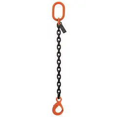 This STREN-FLEX single-leg chain sling is constructed from alloy steel with a Grade-100 chain. It features a fixed length and a latching hook for secure attachment. Designed for overhead lifting and rigging, it is suitable for vertical lifts in industrial environments.
