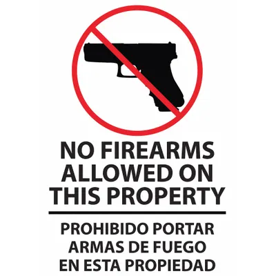ZING Security Labels: Adhesive Sign Mounting, 7 in x 5 in Nominal Sign Size - No Firearms Allowed On This Property/Prohibido Portar Armas De Fuego En Esta Propiedad Signs