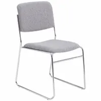Padded stackable chair with gray fabric seat and steel frame. Armless design. Suitable for commercial settings where space-saving storage is needed