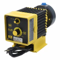 This compact solenoid-driven diaphragm metering pump features a PVDF head, PTFE diaphragm, and ceramic check balls. It operates at 115V AC with PVDF fittings and PVDF/Polyprel seals, delivering ±1.0% reproducibility. Suitable for precise chemical dosing in water treatment and industrial processing applications.