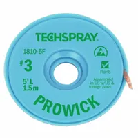 Rosin flux desoldering braid for removing solder from electronic assemblies. Size #3, 0.075 inches wide, 5 feet long. Green color. ESD-safe construction protects sensitive components during rework