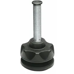 Swivel male leveling mount with M16 thread, 70 mm length, and 14,000 N load capacity. Zinc-plated finish, round base, adjustable hex size. Includes washer and retaining screw. Used for leveling and stabilizing industrial machinery, workstations, and heavy equipment on uneven floors.
