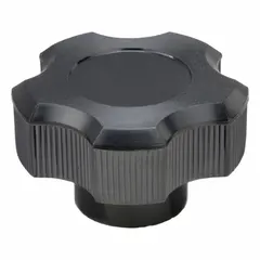 This 5-arm knob features a thermoset construction with a threaded hole for manual adjustment and clamping applications. It has a 2.5 in diameter, 1/2"-13 thread, and 15 mm thread length. Suitable for use in jigs, fixtures, and other industrial equipment requiring frequent hand-tightening.