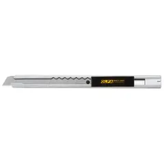 This 9mm snap-off knife features a plain, straight stainless steel blade with 13 segments and a silver finish. With a 5-1/2 in overall length, it is suited for precision cutting of materials such as cardboard, paper, vinyl, and thin plastics. No blades are stored in the handle.