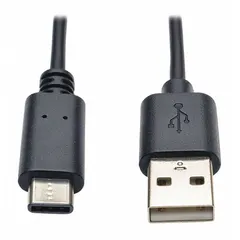 This 6-foot USB cable features a Type A male connector on one end and a Type C male connector on the other. It is constructed with a black PVC jacket and complies with USB 2.0 specifications for data transfer and charging. Suitable for connecting computers, chargers, and other devices with Type A ports to smartphones, tablets, and peripherals with Type C ports.