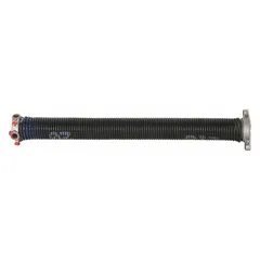 This steel torsion spring features a 0.218 in wire diameter, 2 3/16 in outside diameter, and 180° deflection angle. It has a right-hand wind direction and closed drawbar ends, suitable for counterbalance systems in material handling equipment such as dock levelers or overhead doors.