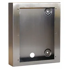 This silver, brushed and passivated stainless steel surface-mount enclosure is rated NEMA 3R for outdoor use. It features 0.063 in thickness with sealed seams and includes a backbox. Designed for flush-mount telephones, it protects against rain, sleet, and external ice formation.