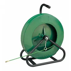 This non-conductive conduit rodder features 250 ft of 3/16 in wide round fiberglass tape housed in a 17 in diameter reel stand case. Designed for pulling wire through conduit, it is suitable for long-run installations where non-conductive tools are required for safety.