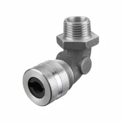 90° metallic cable grip with 3/8 in MNPT box connection, accommodating cord diameters from 0.25 in to 0.31 in. Body is silver aluminum with a black color-coded grommet. Rated IP66 for dust-tight and washdown environments, and suitable for Class II, Division 1 & 2 hazardous locations. Used to seal and secure cords in industrial applications requiring a 90-degree connection.