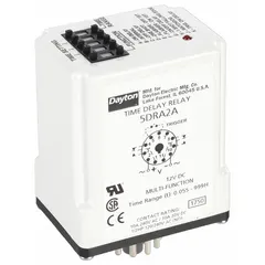 This socket-mounted time delay relay operates on 12V DC and is rated for 10 A. It features a multi-function delay capability with 11 pins/terminals and a plug-in mounting style. Typical applications include industrial control panels for automation sequences, motor start/stop cycles, and conveyor systems requiring programmable timing delays.