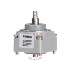 The Siemens 3SE03-DW1 is a wobble stick head without operators from the 3SE03 Series. It features a top mounting orientation and momentary switching action. This component is used in industrial limit switch applications to detect the position of moving machinery parts, such as in automated production lines, conveyors, and packaging equipment.