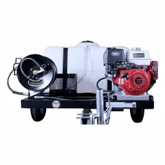 This SIMPSON cold water pressure washer is mounted on a heavy-duty cart for portability. It features a direct-drive system powered by a Honda engine, suitable for cleaning equipment, vehicles, and surfaces in industrial settings.