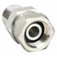 Steel hydraulic hose adapter with 3/8 in NPTF female x 3/8 in NPTM male connections, swivel straight configuration. Used to connect NPTF female threads to NPTM male threads in hydraulic systems for leak-resistant joints in fluid power applications.
