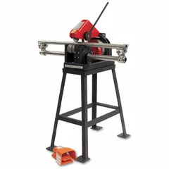 This electric pipe cutter is powered by a 1/2 hp motor and operates on 120V AC. It accommodates pipe up to 4 inches in diameter and includes a foot switch for hands-free operation. Designed for cutting thin-walled steel pipe in plumbing, HVAC, and industrial piping applications.